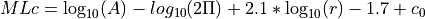 MLc = \log_{10}(A) - log_{10}(2\Pi) + 2.1 * \log_{10}(r) - 1.7 + c_0