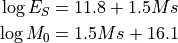 \log E_S = 11.8 + 1.5 Ms

\log M_0 = 1.5 Ms + 16.1