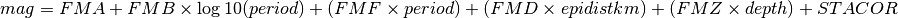 mag = FMA + FMB \times \log10(period) + (FMF \times period) + (FMD \times epidistkm) + (FMZ \times depth) + STACOR